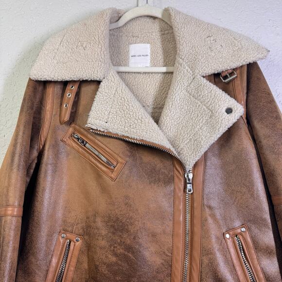 AVEC LES FILLES Coat Large Faux Leather Shearling Moto Jacket Notched Collar - Picture 7 of 15